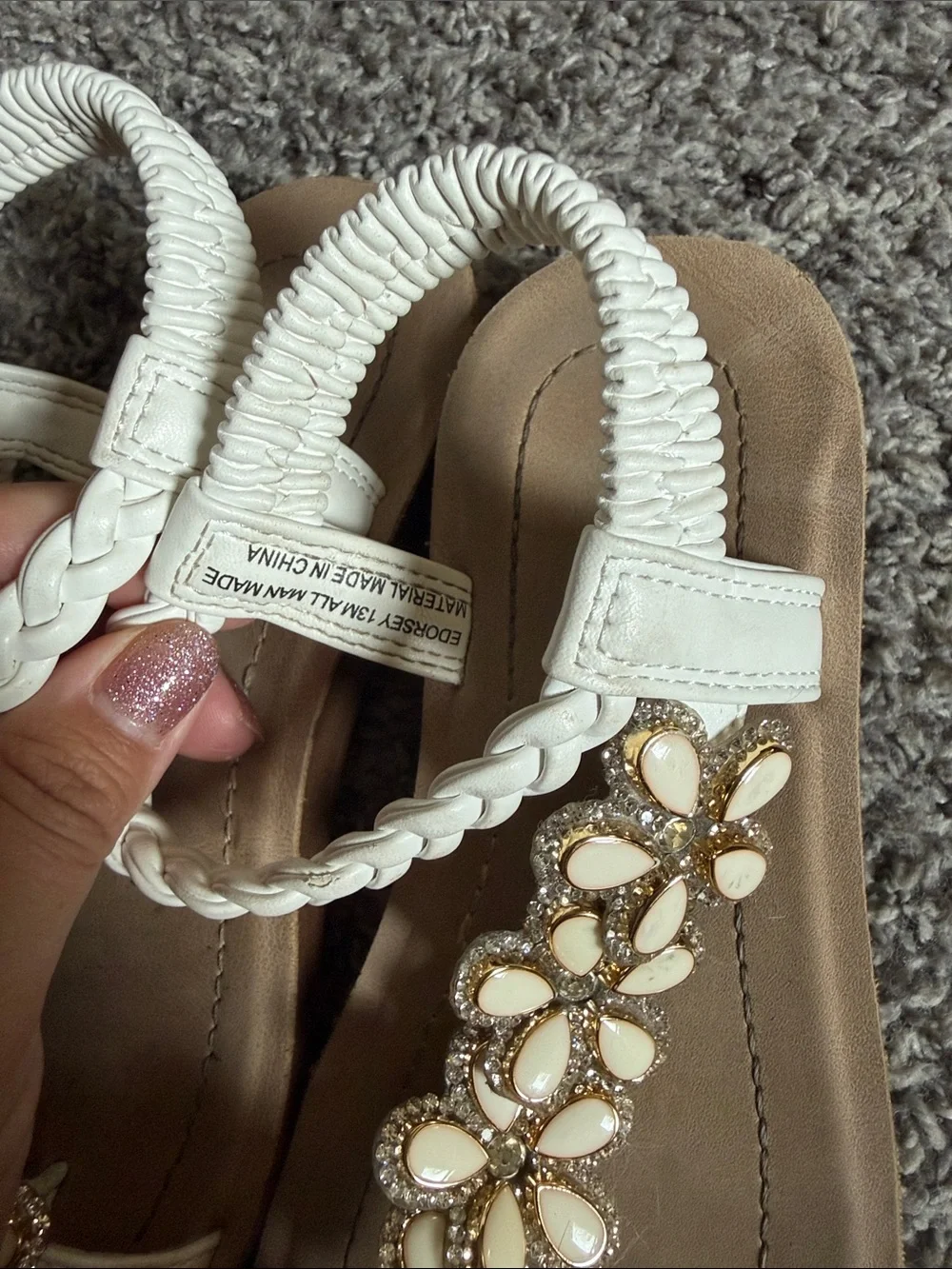 Kids Braided Strap Crystal Floral White Sandals